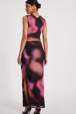 Quiz Mesh Marble Print Maxi Skirt Brown Hot