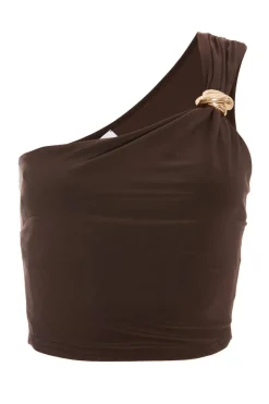 Quiz One Shoulder Crop Top Brown Clearance