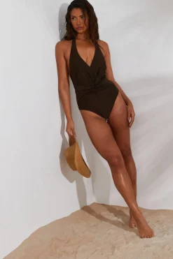 Quiz Brown Plunge Wrap Swimsuit Discount