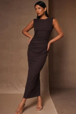Quiz Ribbed Midaxi Dress Brown Clearance