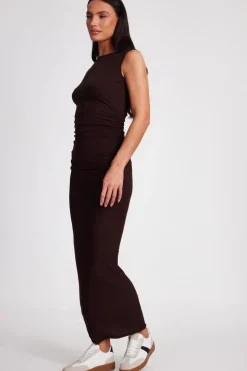 Quiz Ribbed Midaxi Dress Brown Clearance