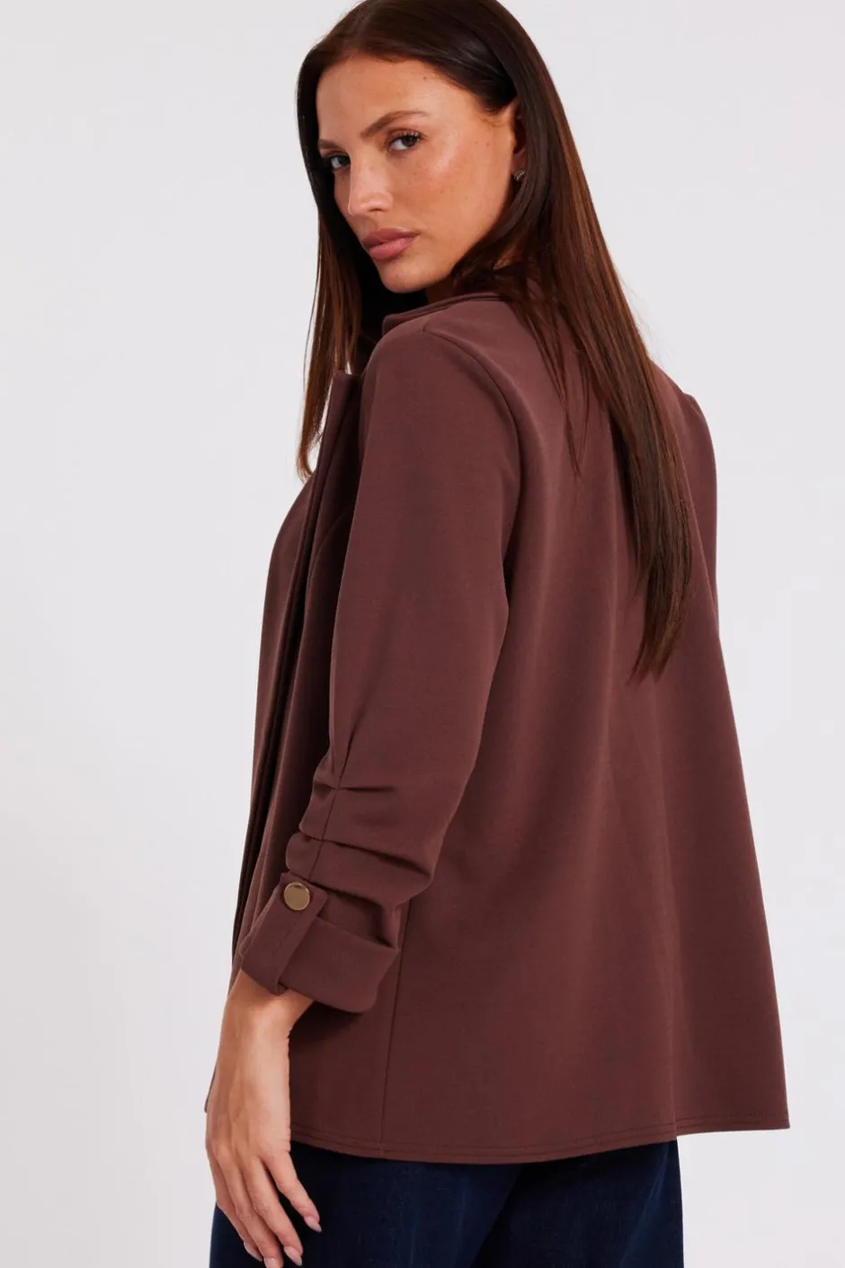 Quiz Ruched Sleeve Blazer Brown Clearance