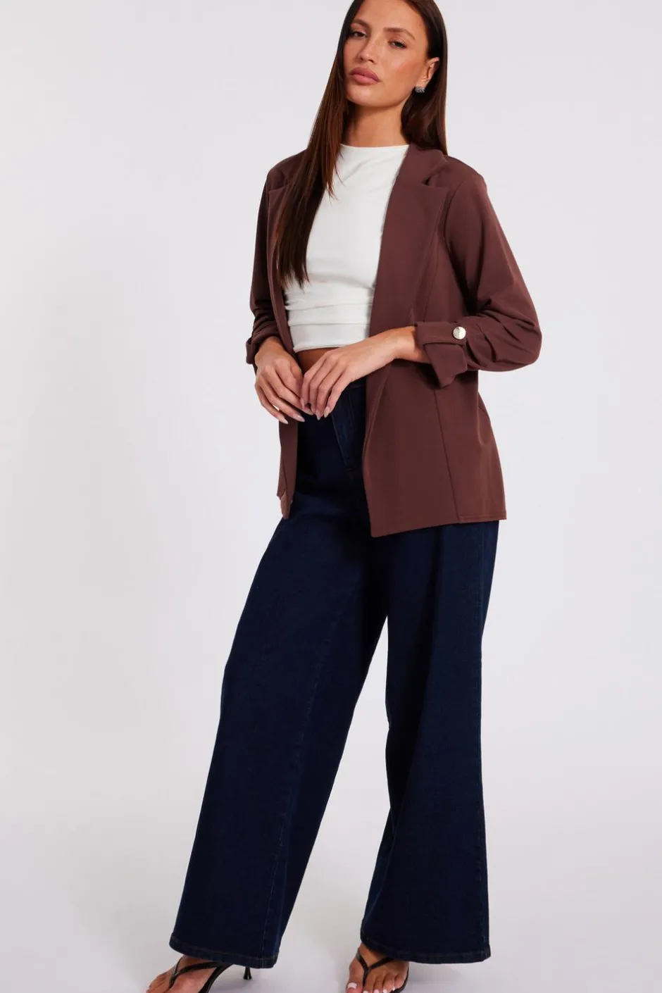 Quiz Ruched Sleeve Blazer Brown Clearance