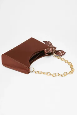 Quiz Satin Chain Shoulder Bag Brown Online