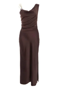 Quiz Satin Cowl Neck Midaxi Dress Brown Clearance