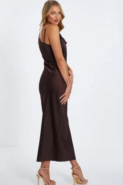 Quiz Satin Cowl Neck Midaxi Dress Brown Clearance