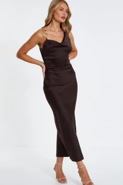 Quiz Satin Cowl Neck Midaxi Dress Brown Clearance