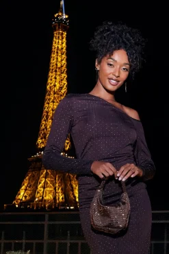 Quiz Brown Satin Diamante Bag Outlet