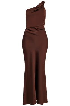 Quiz Satin One Shoulder Midaxi Dress Brown Outlet