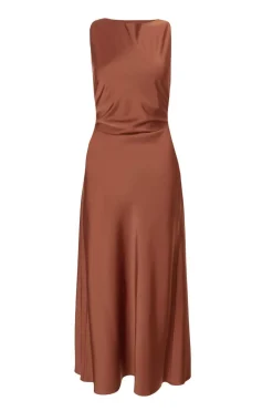 Quiz Satin Ruched Midi Dress Brown