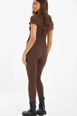 Quiz Brown Seamless Zip Jumpsuit Sale