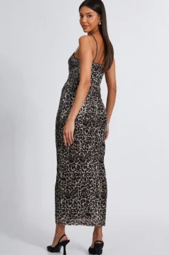 Quiz Brown Sequin Leopard Print Midaxi Dress New