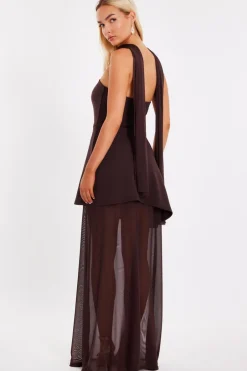 Quiz Strapless Mesh Hem Maxi Dress Brown