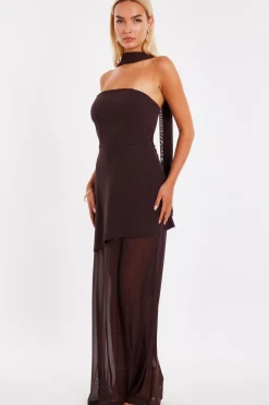 Quiz Strapless Mesh Hem Maxi Dress Brown