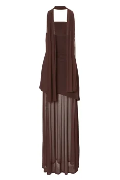 Quiz Strapless Mesh Hem Maxi Dress Brown