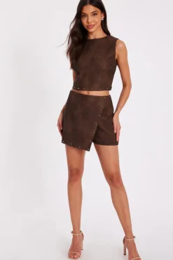 Quiz Brown Studded Faux Leather Top Discount