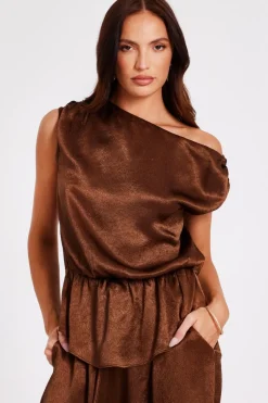 Quiz Brown Textured Satin Top