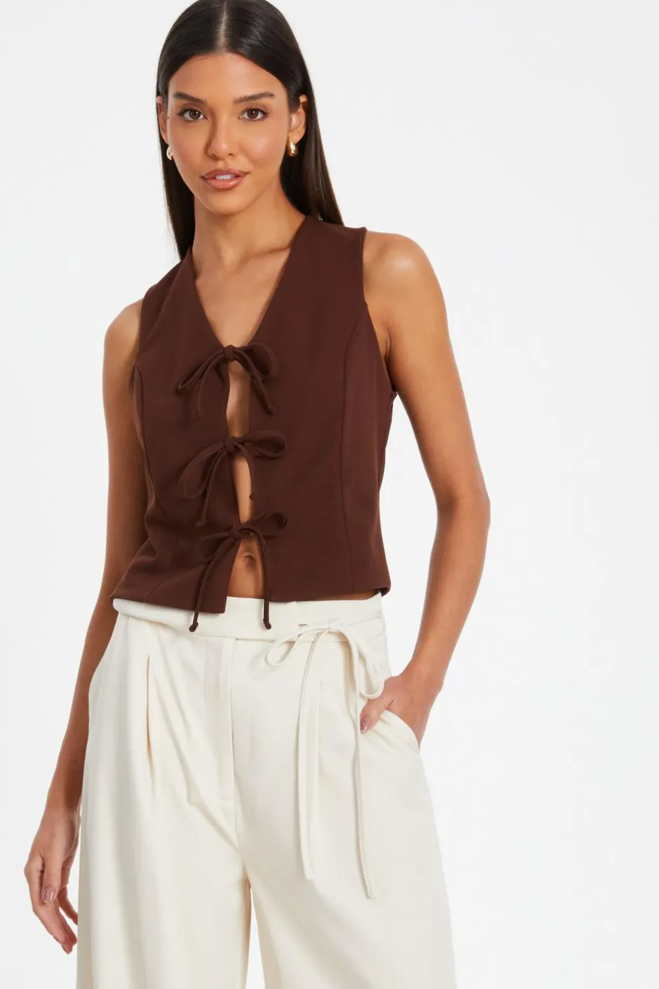 Quiz Brown Tie Up Sleeveless Waistcoat Best