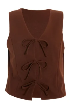Quiz Brown Tie Up Sleeveless Waistcoat Best