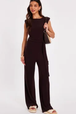 Quiz Tie Waist Jumpsuit Brown Online