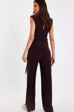 Quiz Tie Waist Jumpsuit Brown Online