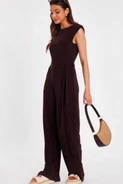 Quiz Tie Waist Jumpsuit Brown Online