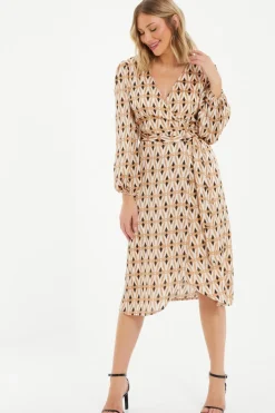 Quiz Camel Geometric Print Wrap Midi Dress New