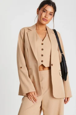 Quiz Camel Pinstripe Ruched Sleeve Blazer Sale
