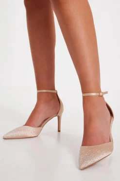 Quiz Satin Diamante Court Heels Champagne Outlet
