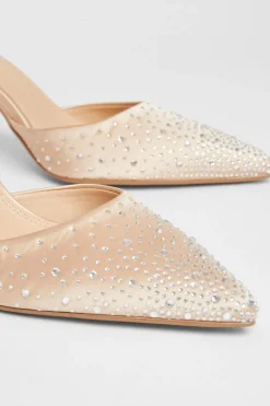 Quiz Satin Diamante Court Heels Champagne Outlet