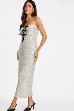 Quiz Champagne Sequin Bow Front Midaxi Dress Clearance