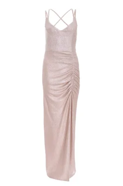 Quiz Champagne Shimmer Ruched Maxi Dress Online