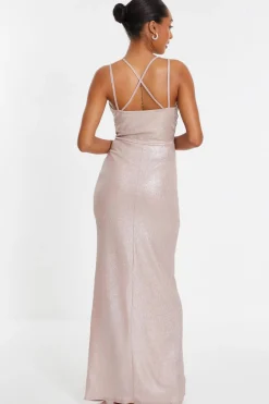 Quiz Champagne Shimmer Ruched Maxi Dress Online