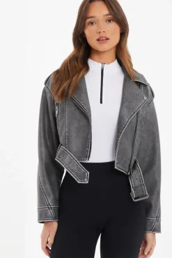 Quiz Charcoal Faux Leather Oversized Biker Jacket Clearance