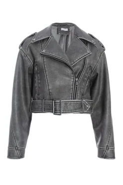 Quiz Charcoal Faux Leather Oversized Biker Jacket Clearance