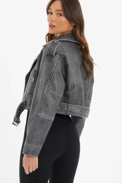 Quiz Charcoal Faux Leather Oversized Biker Jacket Clearance