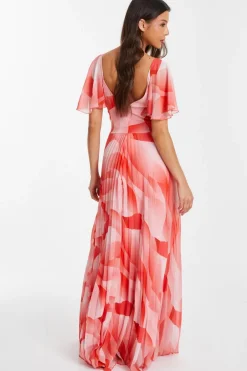 Quiz Coral Chiffon Pleated Maxi Dress New