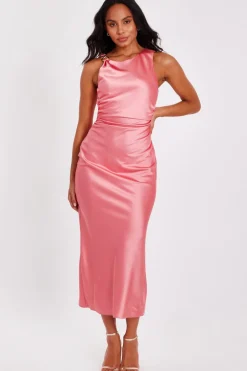 Quiz Satin Ruched Midaxi Dress Coral Clearance