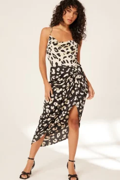 Quiz Cream Animal Print Ruched Midi Dress Clearance