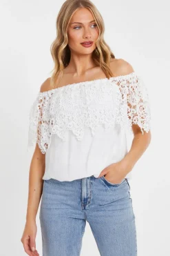 Quiz Crochet Bardot Top Cream Clearance