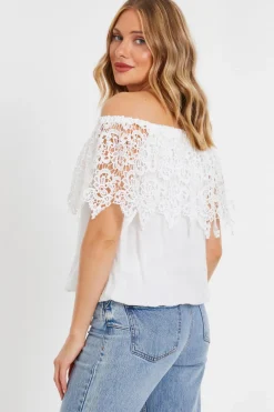 Quiz Crochet Bardot Top Cream Clearance