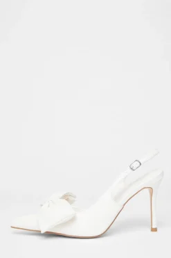 Quiz Faux Leather Bow Court Heels Cream Outlet