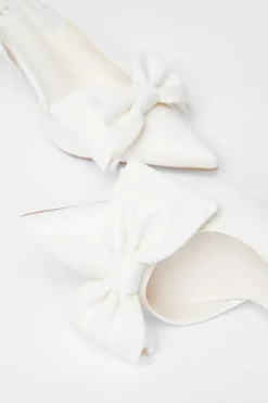 Quiz Faux Leather Bow Court Heels Cream Outlet
