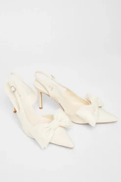 Quiz Faux Leather Bow Court Heels Cream Outlet