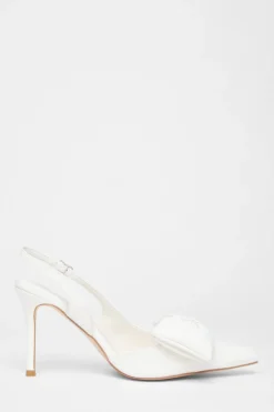 Quiz Faux Leather Bow Court Heels Cream Outlet