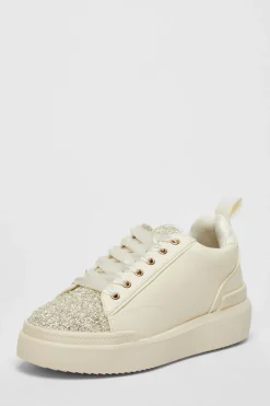 Quiz Cream Faux Leather Glitter Trainers Sale