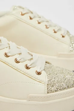 Quiz Cream Faux Leather Glitter Trainers Sale