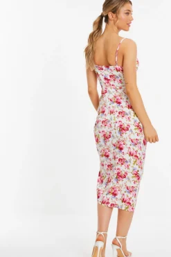 Quiz Cream Floral Satin Ruched Midi Dress