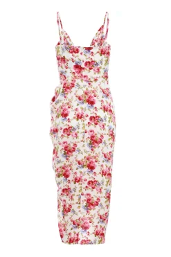 Quiz Cream Floral Satin Ruched Midi Dress