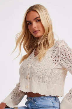 Quiz Knit Cropped Cardigan Cream Outlet